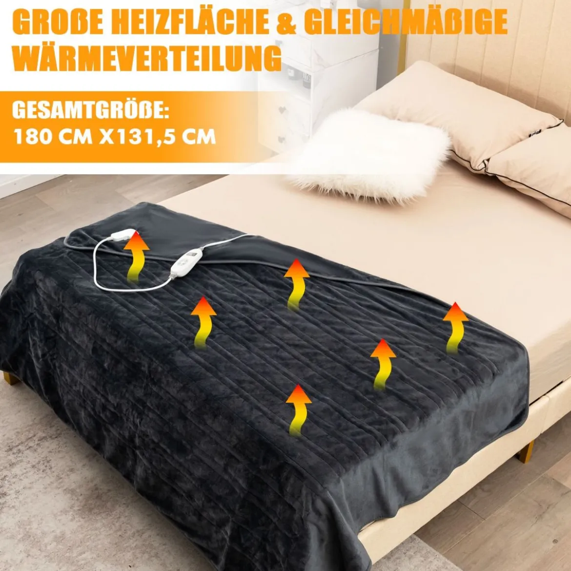Elektrisch Beheizte Decke Weiche Heizdecke mit 9 Heizstufen Maschinenwaschbare Flanelldecke Grau