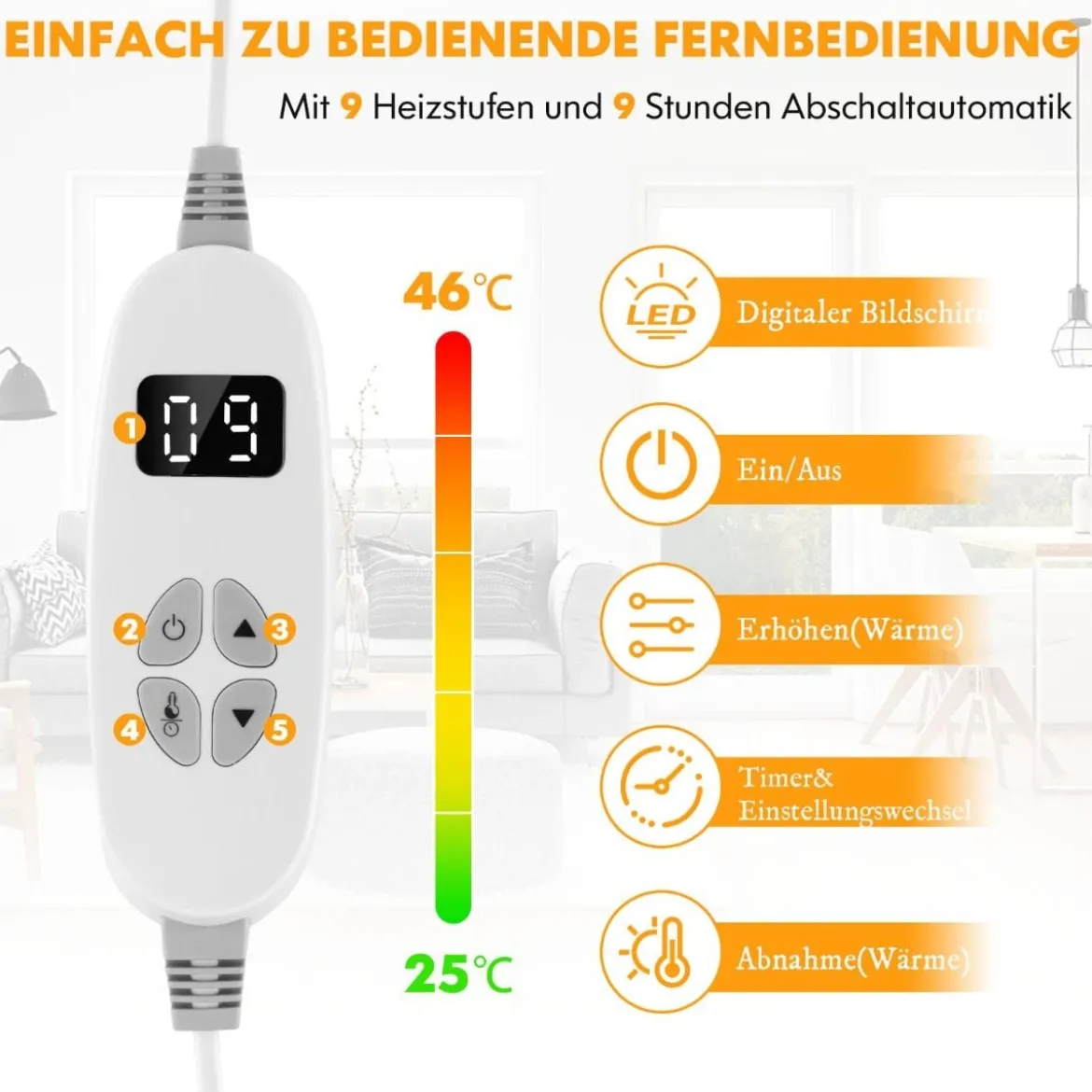 Elektrisch Beheizte Decke Weiche Heizdecke mit 9 Heizstufen Maschinenwaschbare Flanelldecke Grau