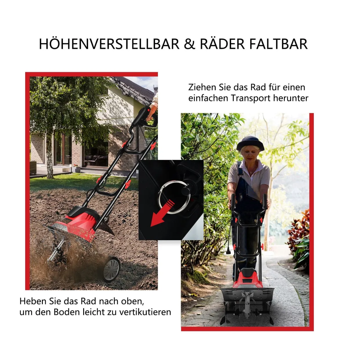 Elektrische Bodenfräse und Grubber Elektro Bodenhacke Bodenfräse Gartenfräse rot und schwarz