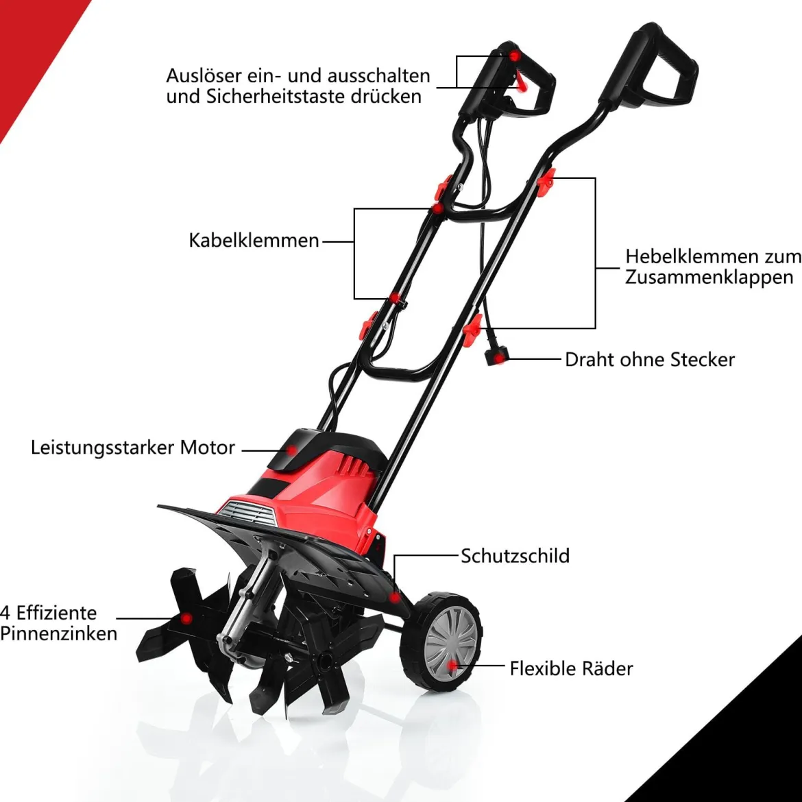 Elektrische Bodenfräse und Grubber Elektro Bodenhacke Bodenfräse Gartenfräse rot und schwarz