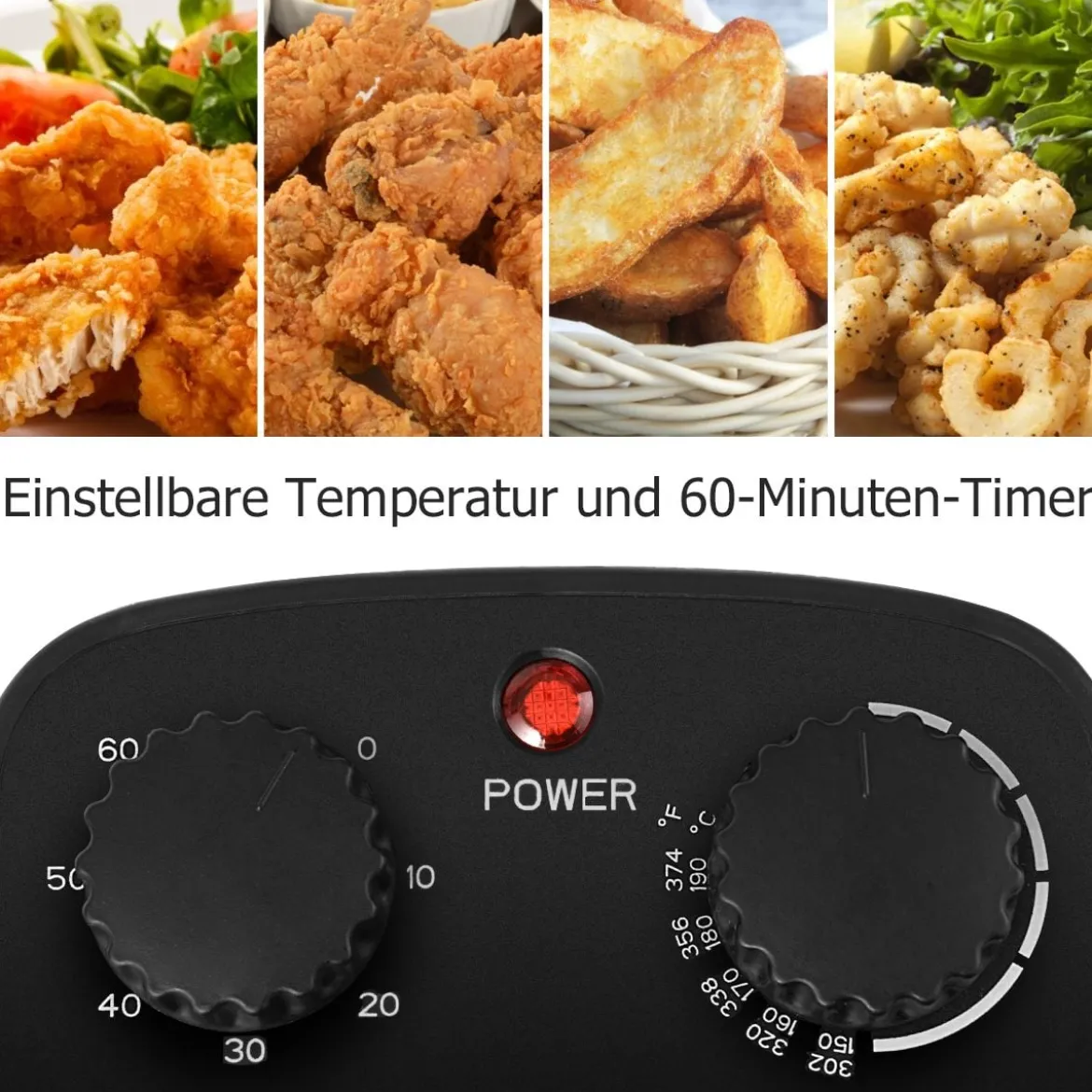 Elektrische Fritteuse Heißluftfritteuse 3L Edelstahl Sichtfenster 60min Timer Silber