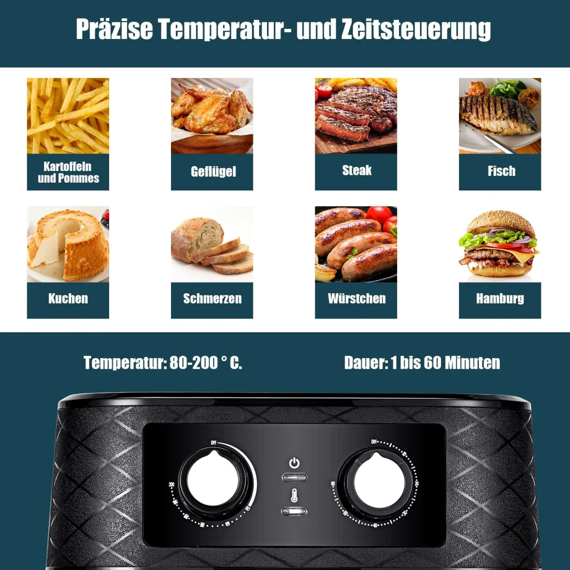 Elektrische 5L Heißluftfritteuse 1700W Fritteuse Airfryer Luftfritteuse mit 60min Timer Antihaft-Frittierkorb