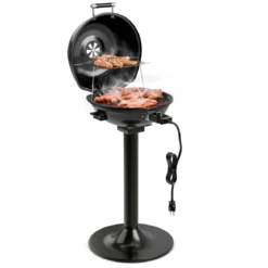 Elektrischer BBQ-Grill tragbarer Standgrill mit abnehmbarem antihaftbeschichtetem Warmhaltegitter Schwarz