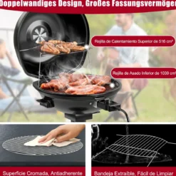 Elektrischer BBQ-Grill tragbarer Standgrill mit abnehmbarem antihaftbeschichtetem Warmhaltegitter Schwarz