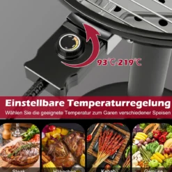 Elektrischer BBQ-Grill tragbarer Standgrill mit abnehmbarem antihaftbeschichtetem Warmhaltegitter Schwarz