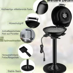 Elektrischer BBQ-Grill tragbarer Standgrill mit abnehmbarem antihaftbeschichtetem Grillrost Elektrogrill Schwarz