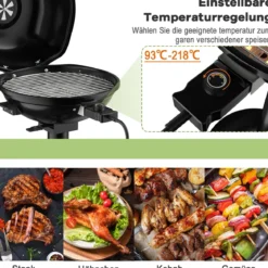 Elektrischer BBQ-Grill tragbarer Standgrill mit abnehmbarem antihaftbeschichtetem Grillrost Elektrogrill Schwarz