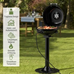Elektrischer BBQ-Grill tragbarer Standgrill mit abnehmbarem antihaftbeschichtetem Grillrost Elektrogrill Schwarz