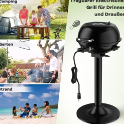 Elektrischer BBQ-Grill tragbarer Standgrill mit abnehmbarem antihaftbeschichtetem Grillrost Elektrogrill Schwarz
