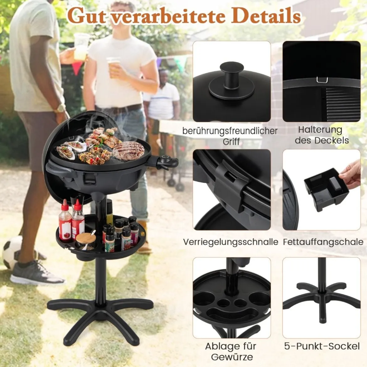 Elektrischer BBQ-Grill 1200 W-Elektrogrill mit 2-Zonen-Antihaft-Grillplatte Schwarz