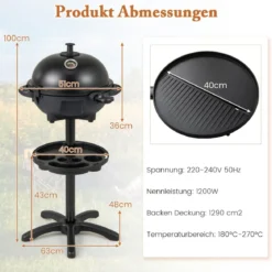 Elektrischer BBQ-Grill 1200 W-Elektrogrill mit 2-Zonen-Antihaft-Grillplatte Schwarz