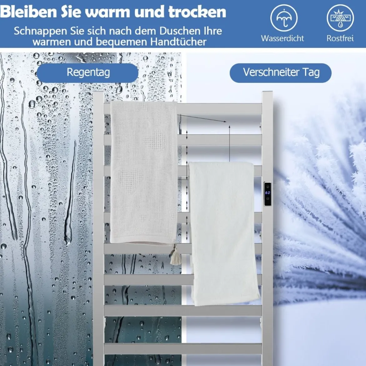 Elektrischer Handtuchwärmer mit 8 Stunden Timer & Überhitzungsschutz & Wasserdicht 50 x 11 x 70 cm