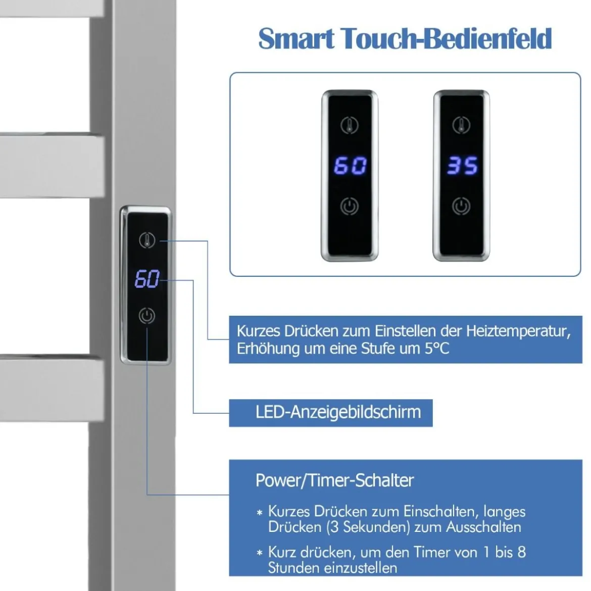Elektrischer Handtuchwärmer mit 8 Stunden Timer & Überhitzungsschutz & Wasserdicht 50 x 11 x 70 cm