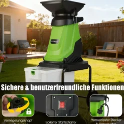 Elektrischer Häcksler 3000 W Gartenhäcksler mit 50 L Auffangbehälter 45 mm Schnittdurchmesser Einfülltrichter Räder Grün