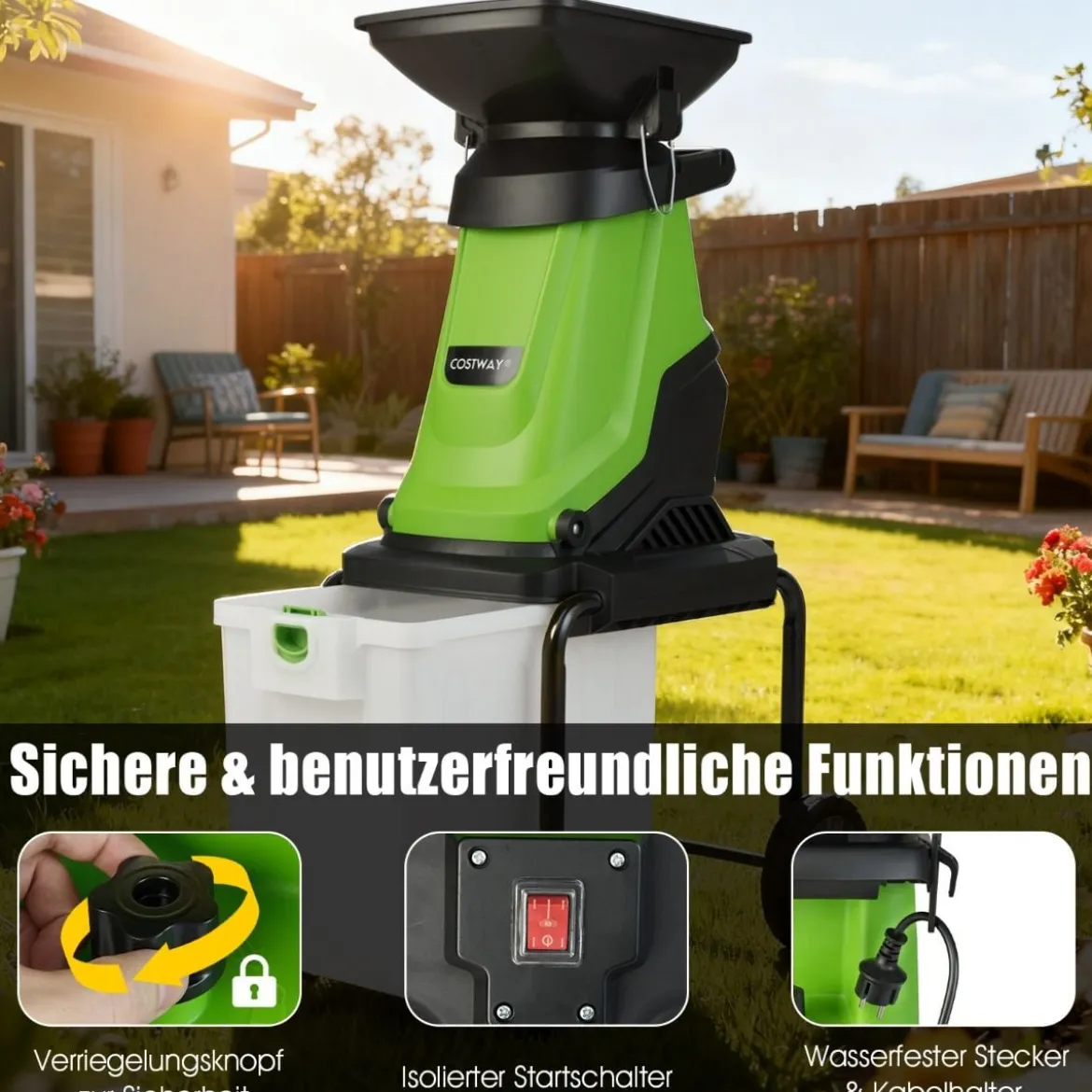 Elektrischer Häcksler 3000 W Gartenhäcksler mit 50 L Auffangbehälter 45 mm Schnittdurchmesser Einfülltrichter Räder Grün