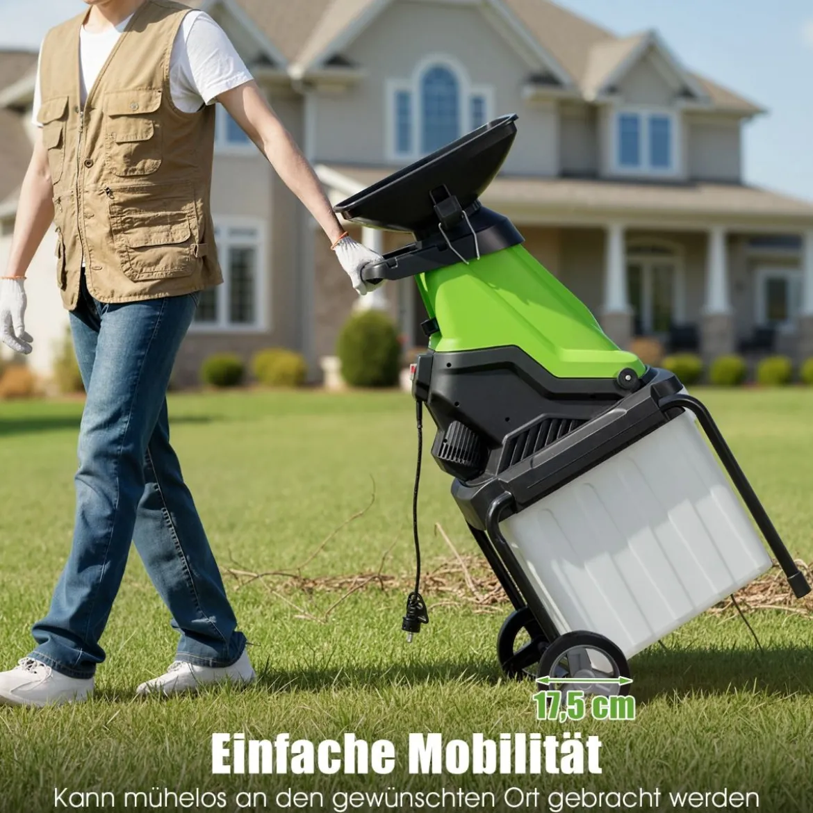 Elektrischer Häcksler 3000 W Gartenhäcksler mit 50 L Auffangbehälter 45 mm Schnittdurchmesser Einfülltrichter Räder Grün