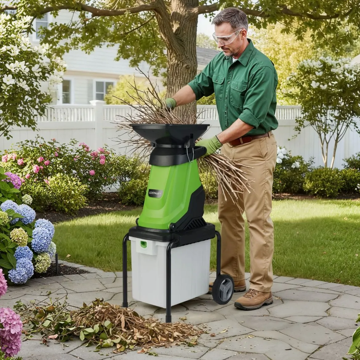 Elektrischer Häcksler 3000 W Gartenhäcksler mit 50 L Auffangbehälter 45 mm Schnittdurchmesser Einfülltrichter Räder Grün