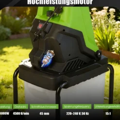 Elektrischer Häcksler 3000 W Gartenhäcksler mit 50 L Auffangbehälter 45 mm Schnittdurchmesser Einfülltrichter Räder Grün