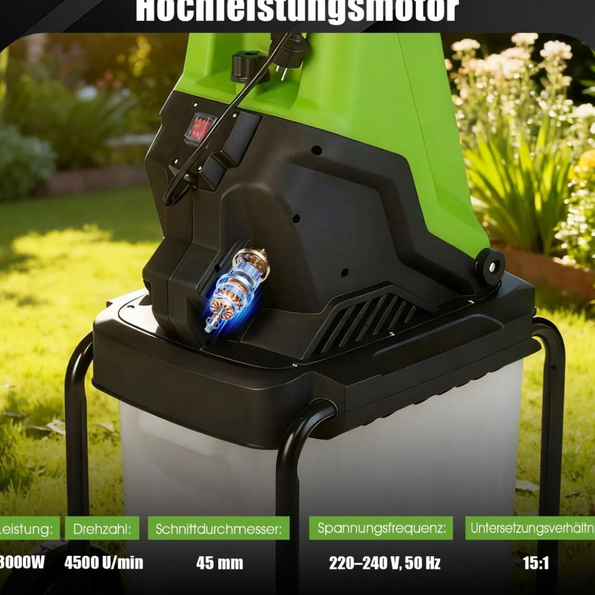 Elektrischer Häcksler 3000 W Gartenhäcksler mit 50 L Auffangbehälter 45 mm Schnittdurchmesser Einfülltrichter Räder Grün