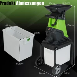Elektrischer Häcksler 3000 W Gartenhäcksler mit 50 L Auffangbehälter 45 mm Schnittdurchmesser Einfülltrichter Räder Grün