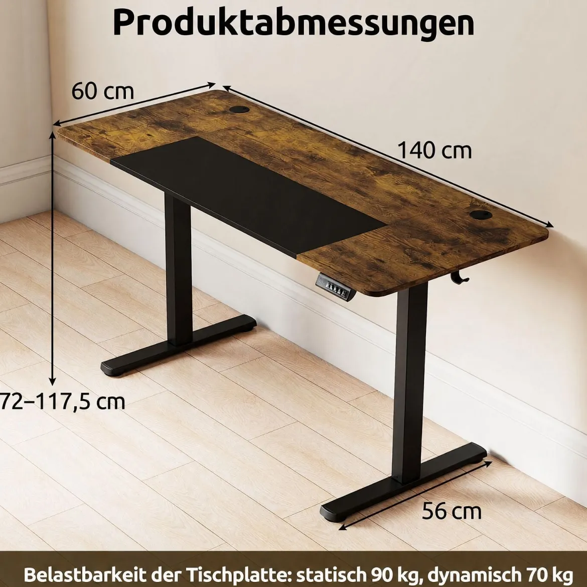 Elektrischer Höhenverstellbarer Schreibtisch mit LED-Bedienfeld & T‑Metallrahmen 140 x 60 cm Rustikales Braun