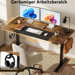 Elektrischer Höhenverstellbarer Schreibtisch mit LED-Bedienfeld & T‑Metallrahmen 140 x 60 cm Rustikales Braun