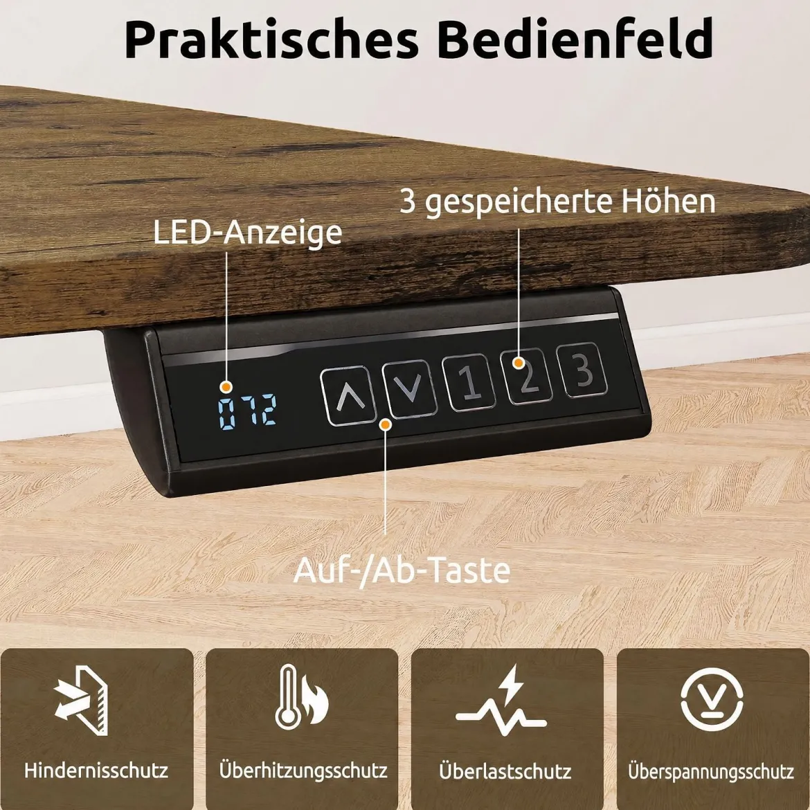 Elektrischer Höhenverstellbarer Schreibtisch mit LED-Bedienfeld & T‑Metallrahmen 140 x 60 cm Rustikales Braun