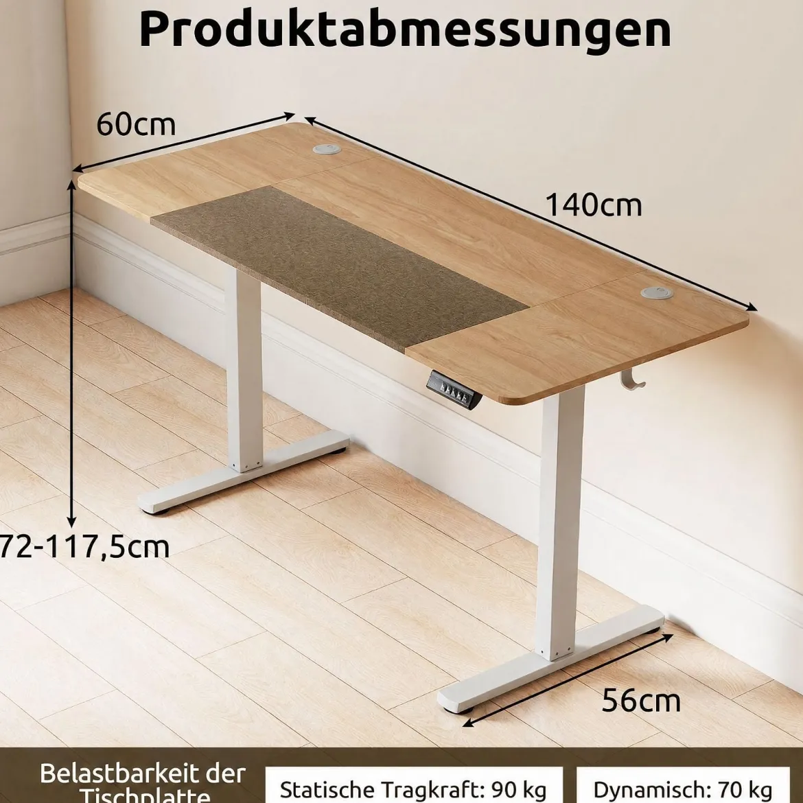 Elektrischer Höhenverstellbarer Schreibtisch mit LED-Bedienfeld & T‑Metallrahmen 140 x 60 cm Natur
