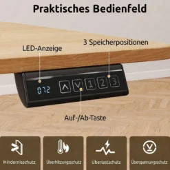 Elektrischer Höhenverstellbarer Schreibtisch mit LED-Bedienfeld & T‑Metallrahmen 140 x 60 cm Natur