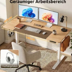 Elektrischer Höhenverstellbarer Schreibtisch mit LED-Bedienfeld & T‑Metallrahmen 140 x 60 cm Natur