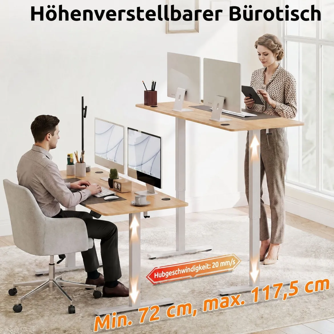 Elektrischer Höhenverstellbarer Schreibtisch mit LED-Bedienfeld & T‑Metallrahmen 140 x 60 cm Natur