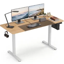 Elektrischer Höhenverstellbarer Schreibtisch mit LED-Bedienfeld & T‑Metallrahmen 140 x 60 cm Natur