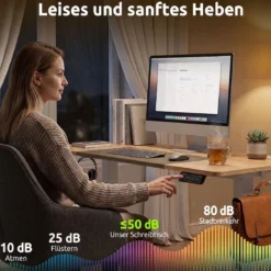 Elektrischer Höhenverstellbarer Schreibtisch mit LED-Bedienfeld & T‑Metallrahmen 140 x 60 cm Natur