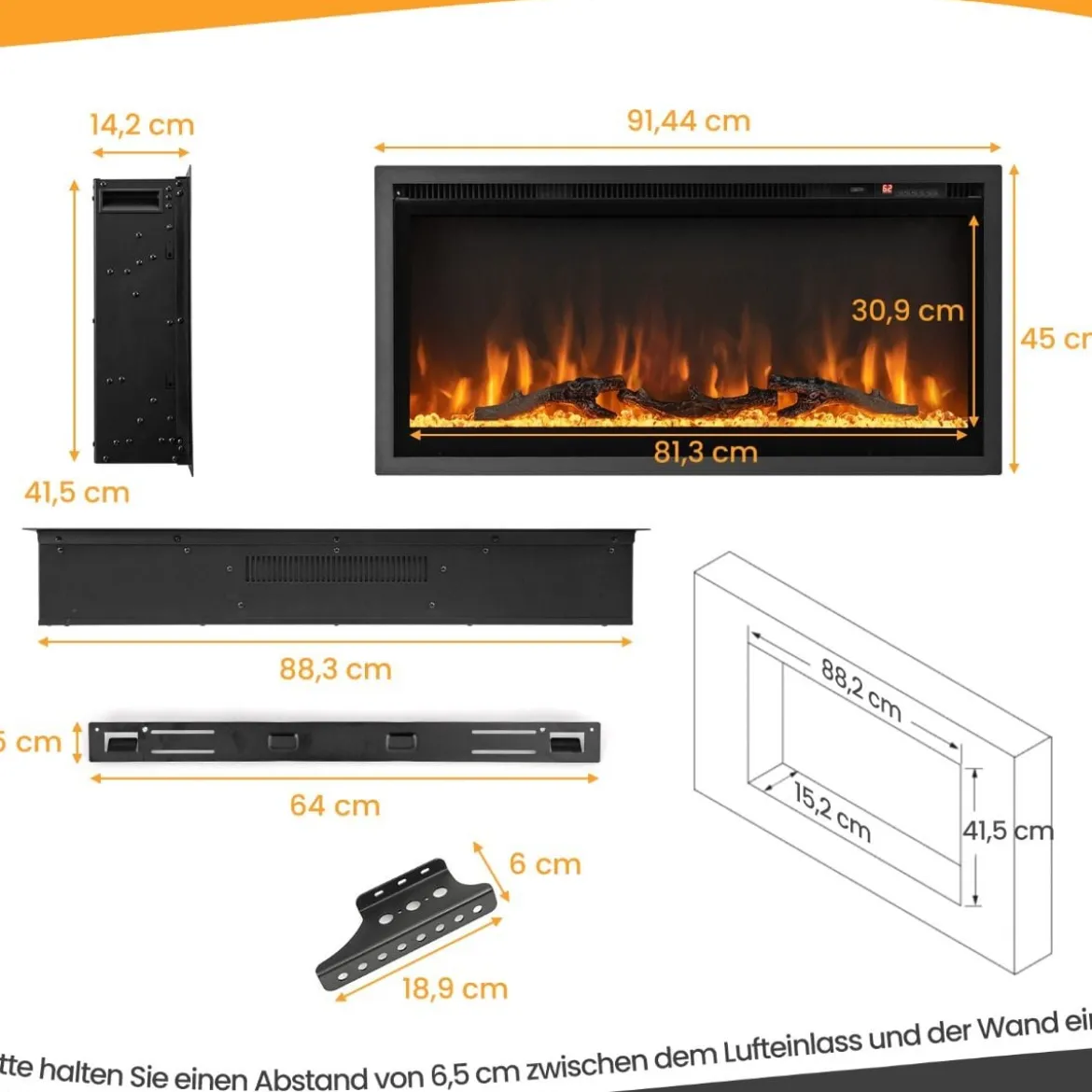 Elektrischer Kamin für Wandeinbau Wandmontage oder Freistehend 91,5 x 14 x 45 cm