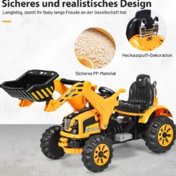 Elektrischer Kinder-Gabelstapler Kinderbagger Sitzbagger mit Schaufel 149 x 62 x 74 cm Gelb + Schwarz