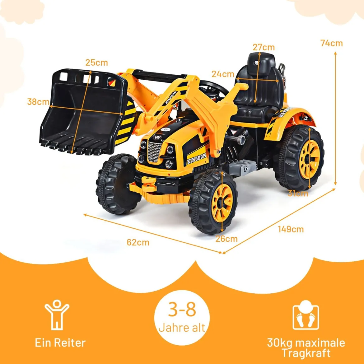 Elektrischer Kinder-Gabelstapler Kinderbagger Sitzbagger mit Schaufel 149 x 62 x 74 cm Gelb + Schwarz