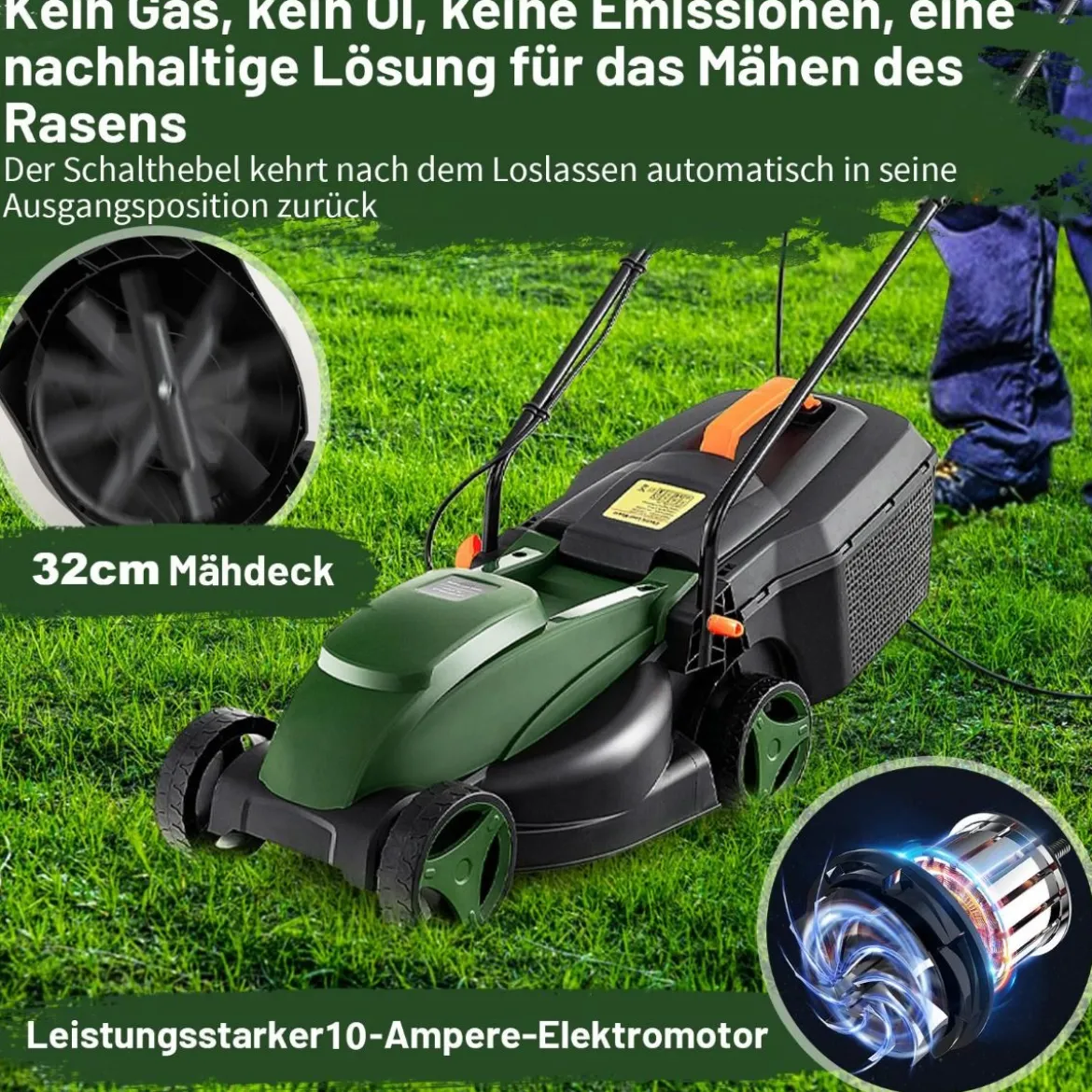 Elektrischer Rasenmäher mit Kabel & 10 Ampere Motor Leistung von 1200W klappbarer Griff 32cm Schnittbreite 113 x 44,5 x 102 cm