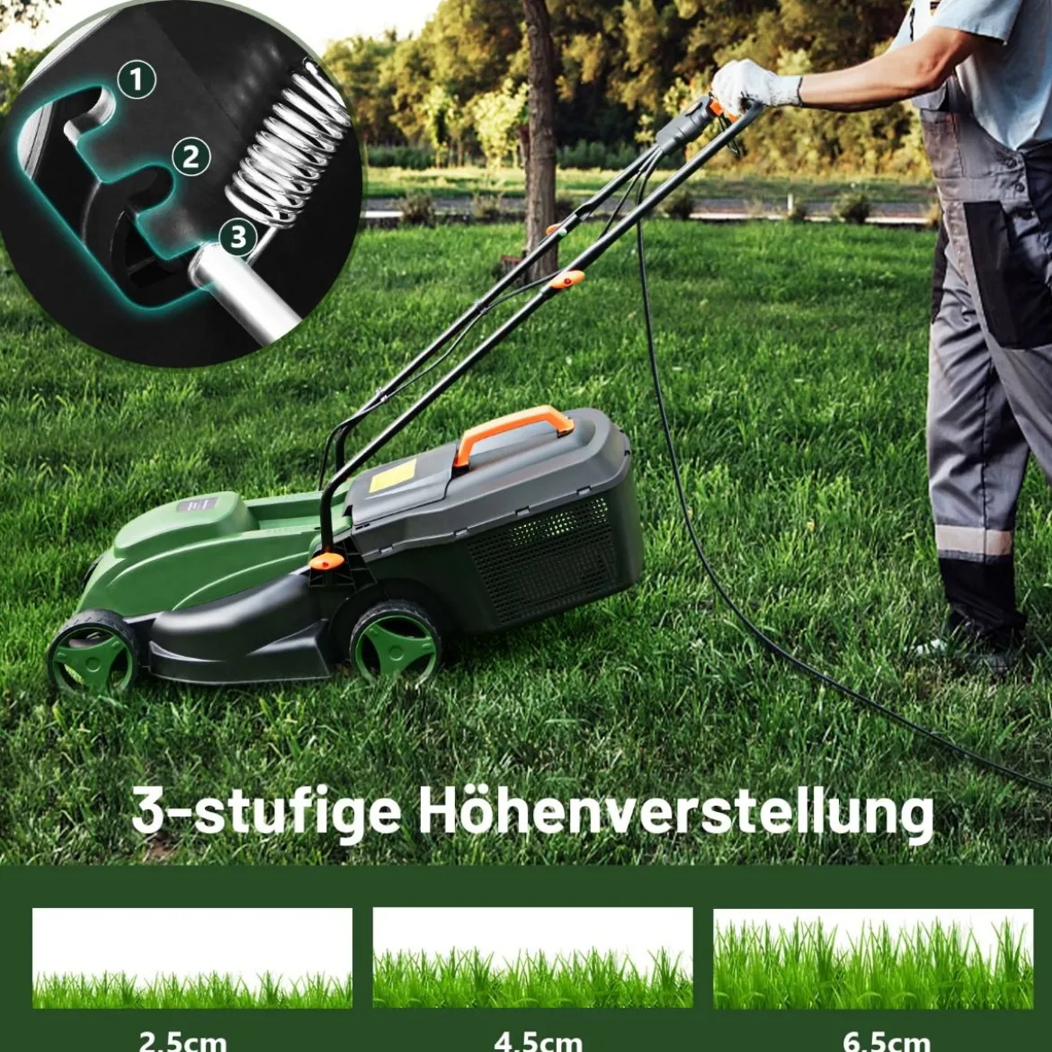 Elektrischer Rasenmäher mit Kabel & 10 Ampere Motor Leistung von 1200W klappbarer Griff 32cm Schnittbreite 113 x 44,5 x 102 cm