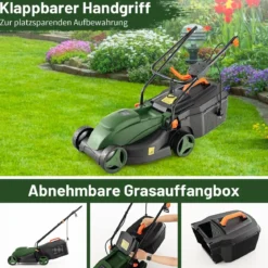 Elektrischer Rasenmäher mit Kabel & 10 Ampere Motor Leistung von 1200W klappbarer Griff 32cm Schnittbreite 113 x 44,5 x 102 cm