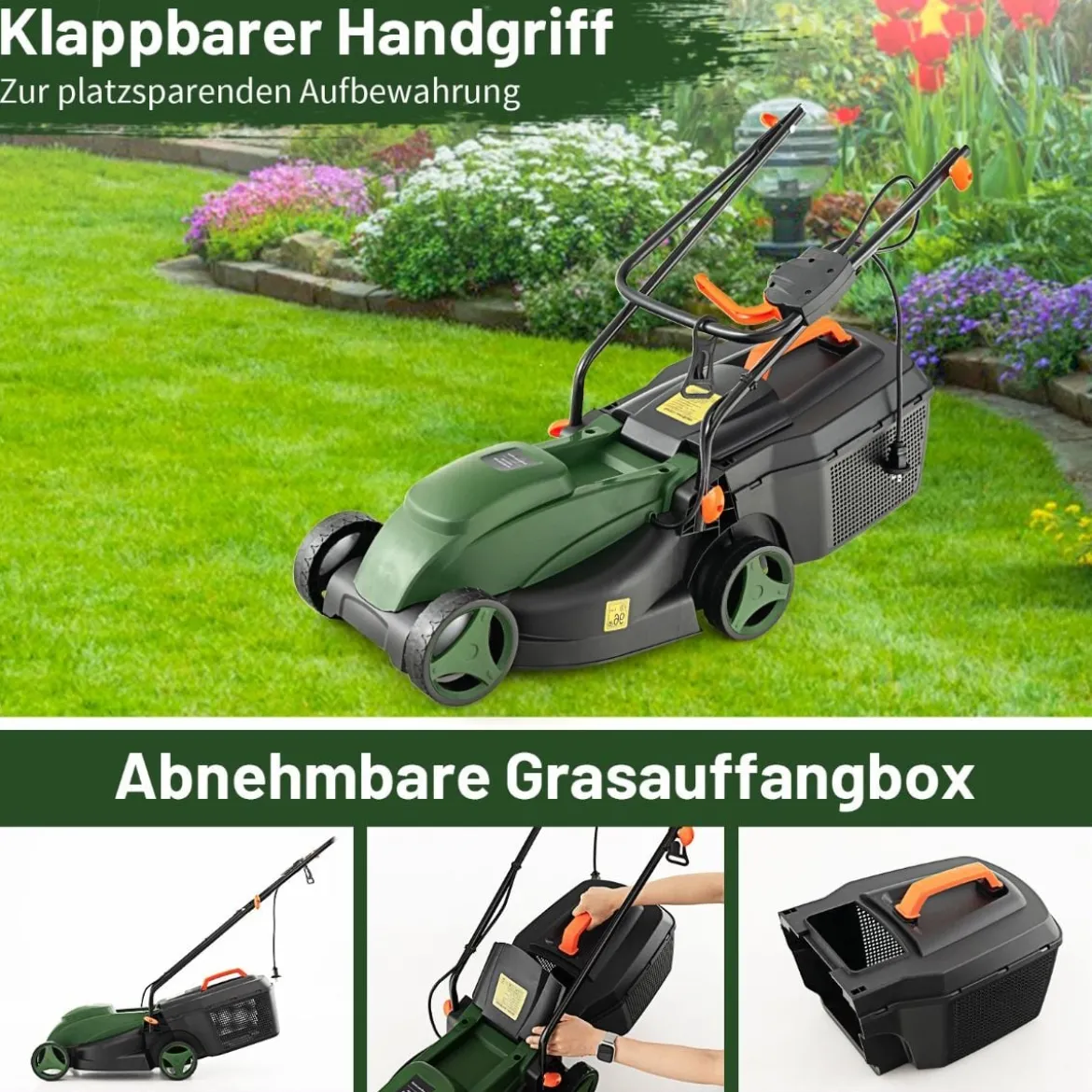 Elektrischer Rasenmäher mit Kabel & 10 Ampere Motor Leistung von 1200W klappbarer Griff 32cm Schnittbreite 113 x 44,5 x 102 cm
