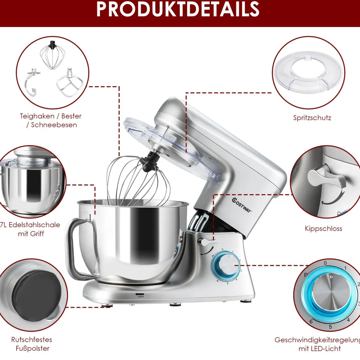 Elektrischer Standmixer mit kippbarem Kopf 1400W Kupfermotor 37 x 19 x 33 cm Silber