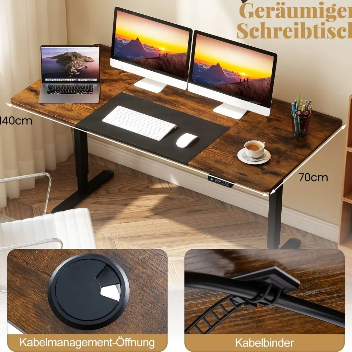 Elektrischer Stehschreibtisch 140 x 70 cm höhenverstellbarer Schreibtisch ergonomischer Sitz-Steh-Schreibtisch Beige/Braun/Natur