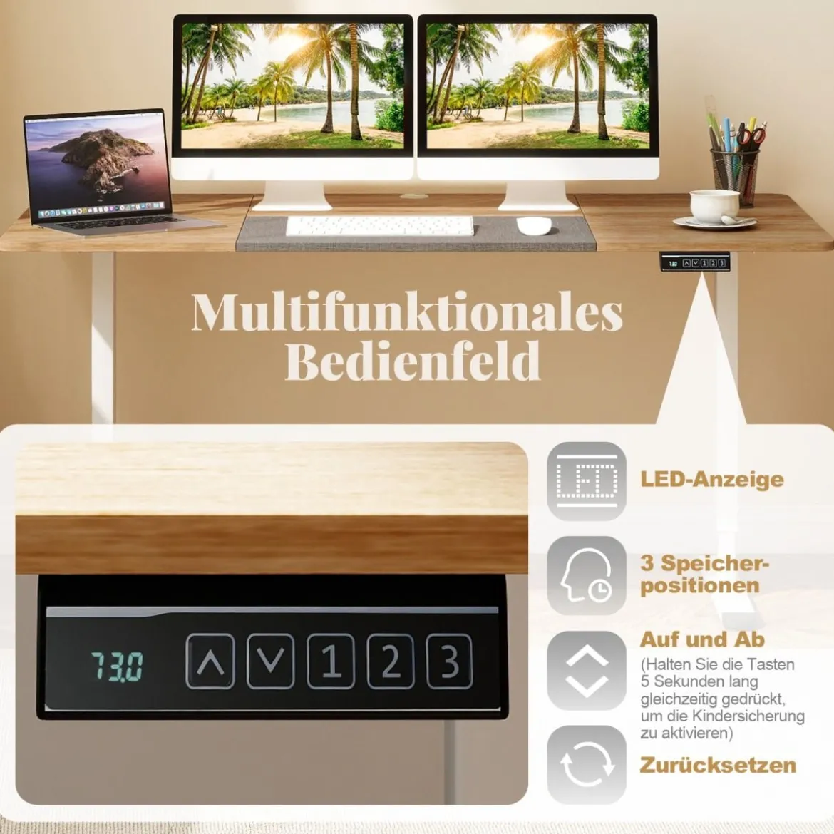 Elektrischer Stehschreibtisch 140 x 70 cm höhenverstellbarer Schreibtisch ergonomischer Sitz-Steh-Schreibtisch Beige/Braun/Natur