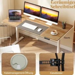 Elektrischer Stehschreibtisch 140 x 70 cm höhenverstellbarer Schreibtisch ergonomischer Sitz-Steh-Schreibtisch Beige/Braun/Natur