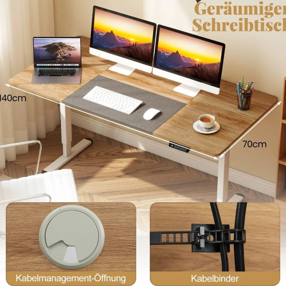 Elektrischer Stehschreibtisch 140 x 70 cm höhenverstellbarer Schreibtisch ergonomischer Sitz-Steh-Schreibtisch Beige/Braun/Natur