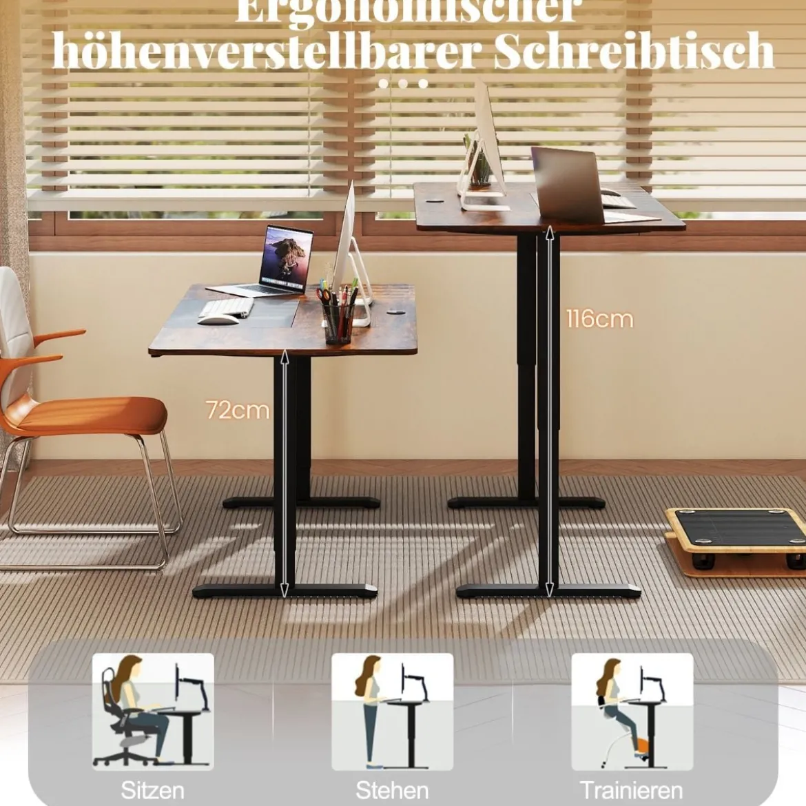 Elektrischer Stehschreibtisch 140 x 70 cm höhenverstellbarer Schreibtisch ergonomischer Sitz-Steh-Schreibtisch Beige/Braun/Natur