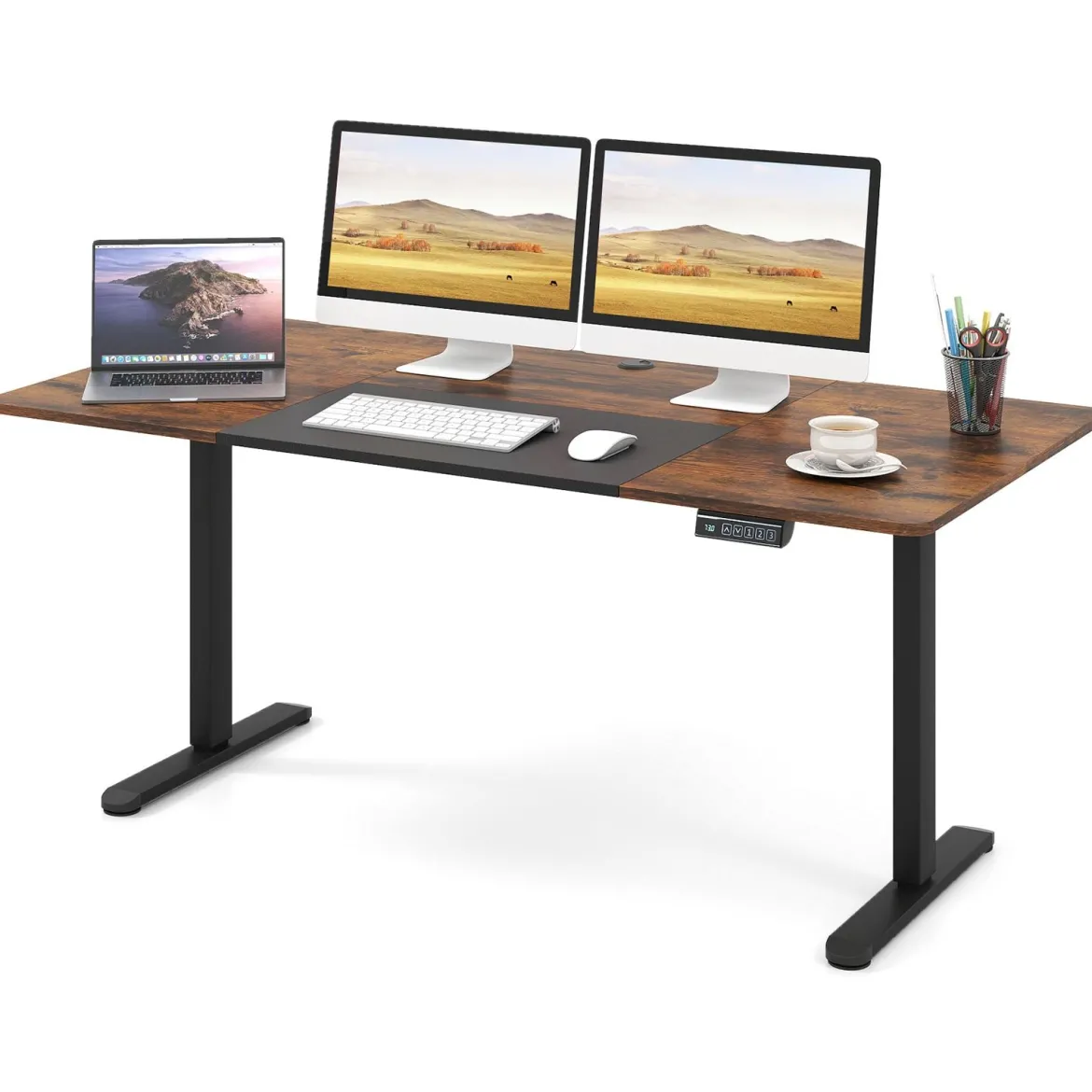 Elektrischer Stehschreibtisch 140 x 70 cm höhenverstellbarer Schreibtisch ergonomischer Sitz-Steh-Schreibtisch Beige/Braun/Natur