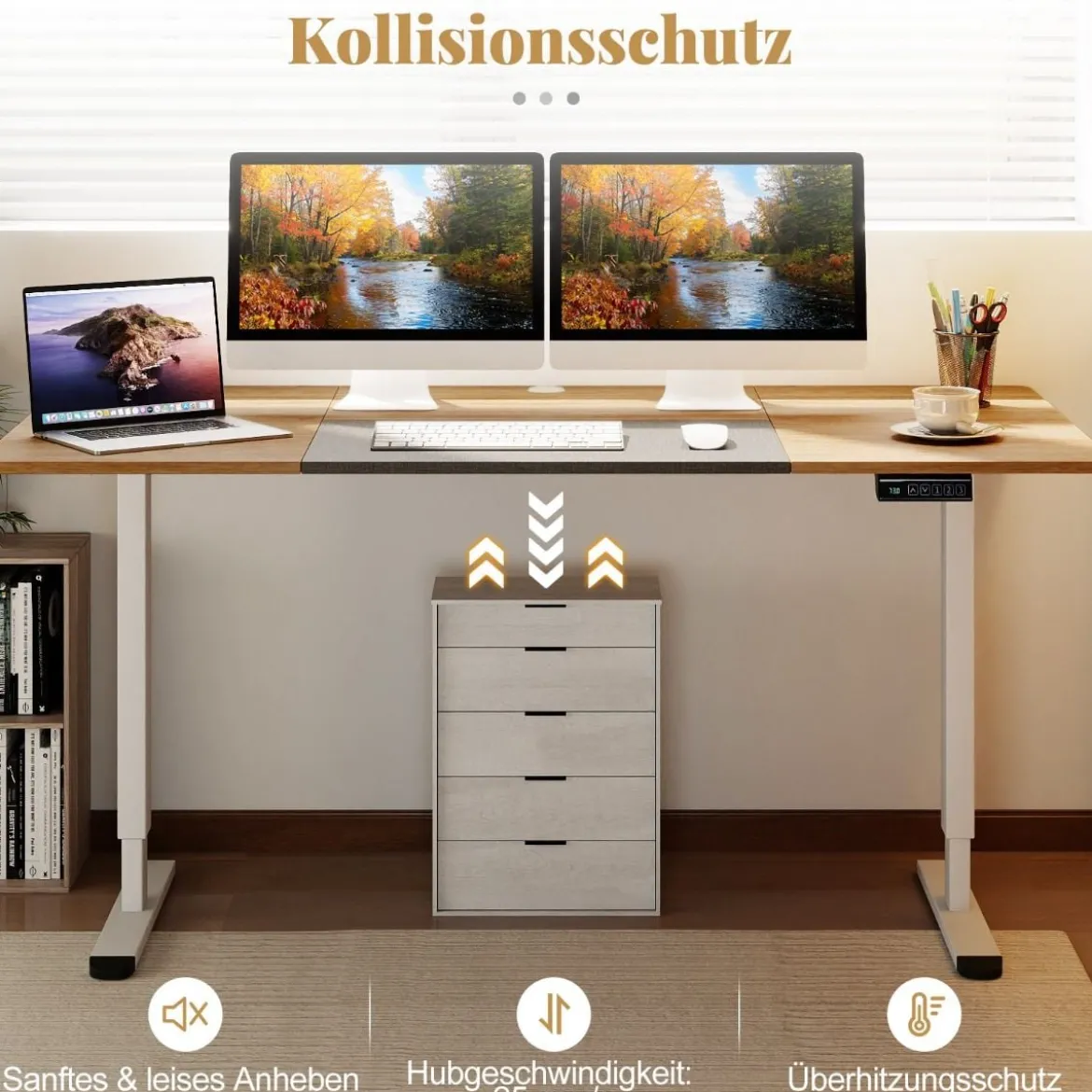 Elektrischer Stehschreibtisch 140 x 70 cm höhenverstellbarer Schreibtisch ergonomischer Sitz-Steh-Schreibtisch Beige/Braun/Natur