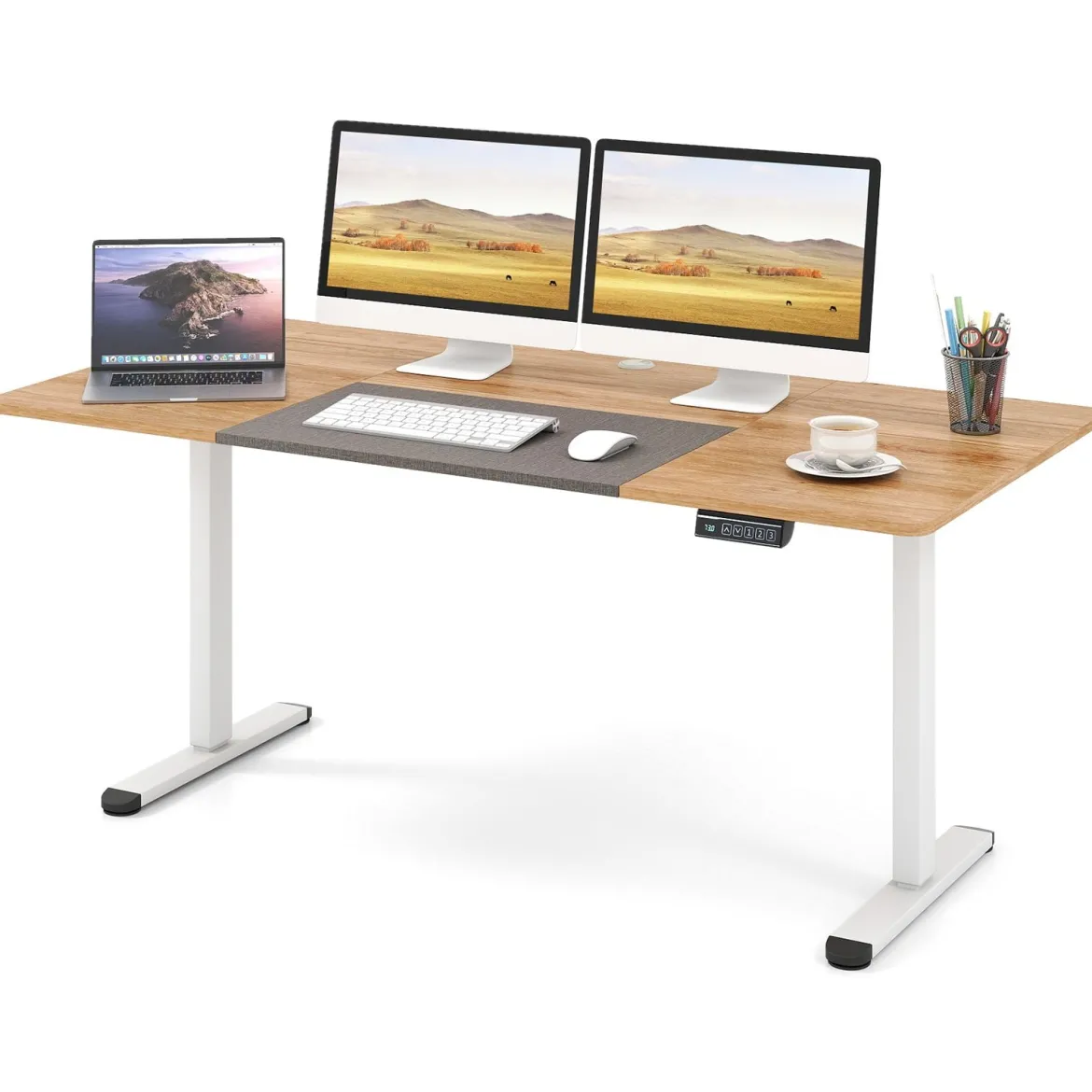 Elektrischer Stehschreibtisch 140 x 70 cm höhenverstellbarer Schreibtisch ergonomischer Sitz-Steh-Schreibtisch Beige/Braun/Natur