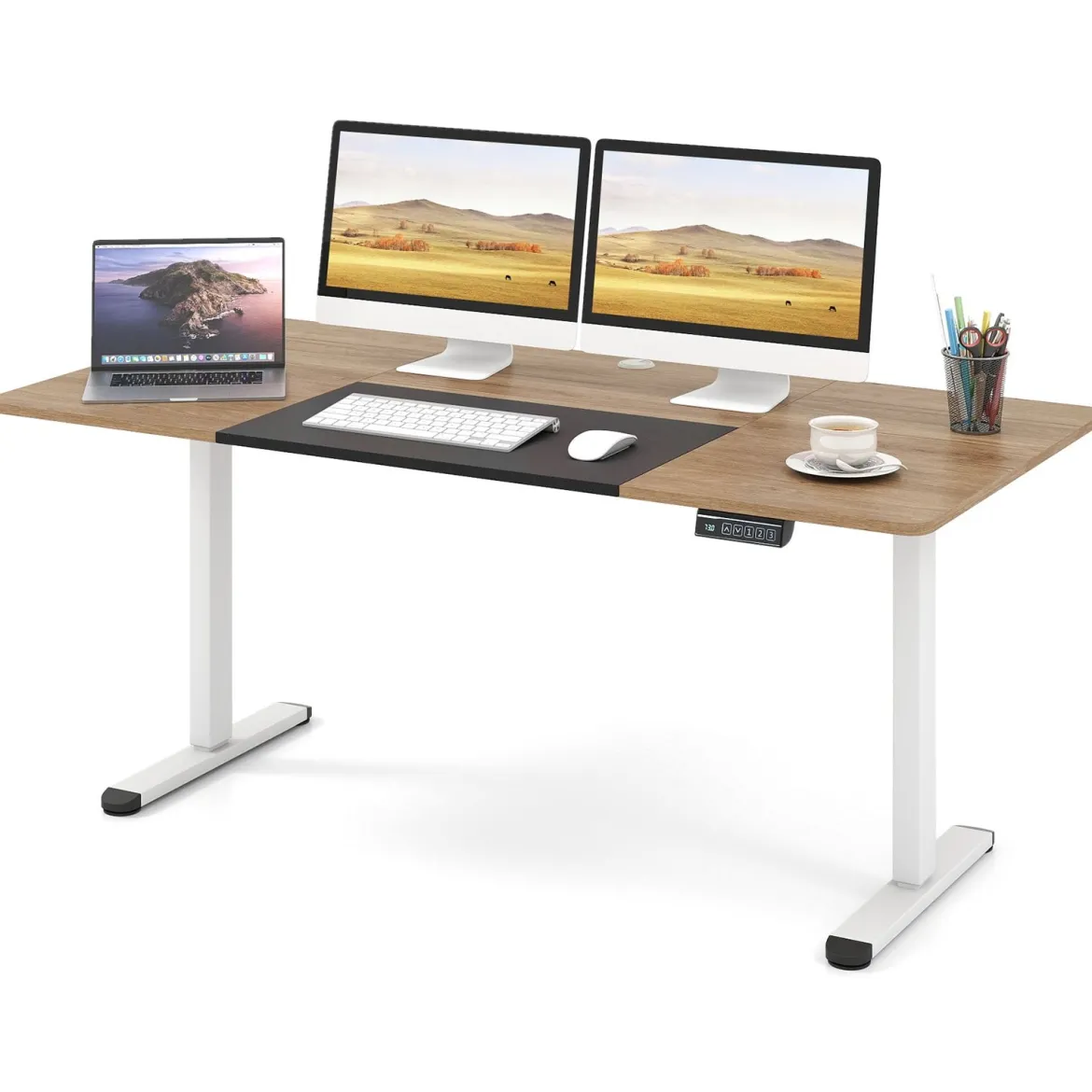 Elektrischer Stehschreibtisch 140 x 70 cm höhenverstellbarer Schreibtisch ergonomischer Sitz-Steh-Schreibtisch Beige/Braun/Natur